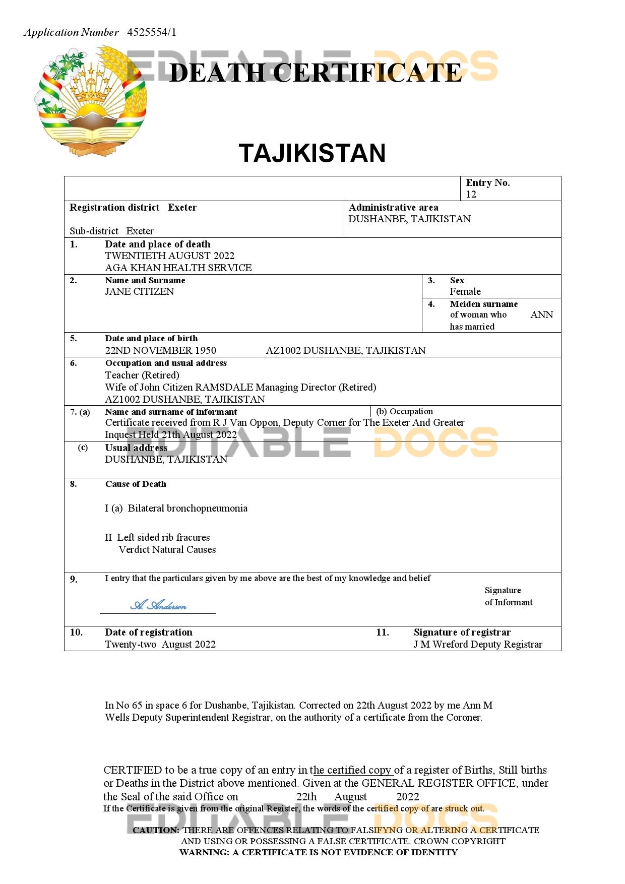 Fillable Tajikistan Death PDF Templates | Blank Docs