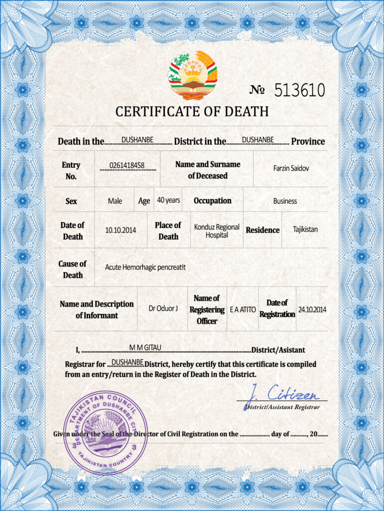 Tajikistan vital record death certificate PSD template, completely editable