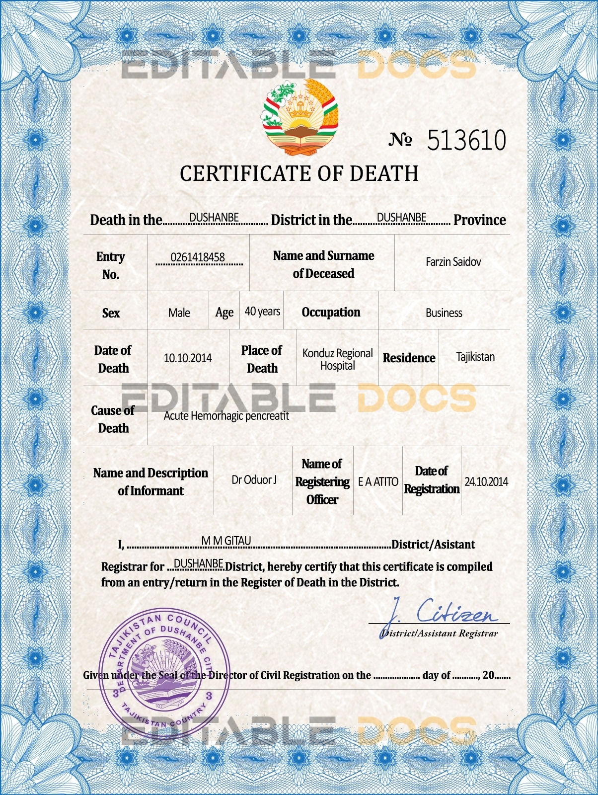 Customizable Tajikistan Death Certificate PSD Templates | Instant Download