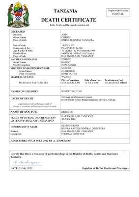 Tanzania vital record death certificate Word and PDF template