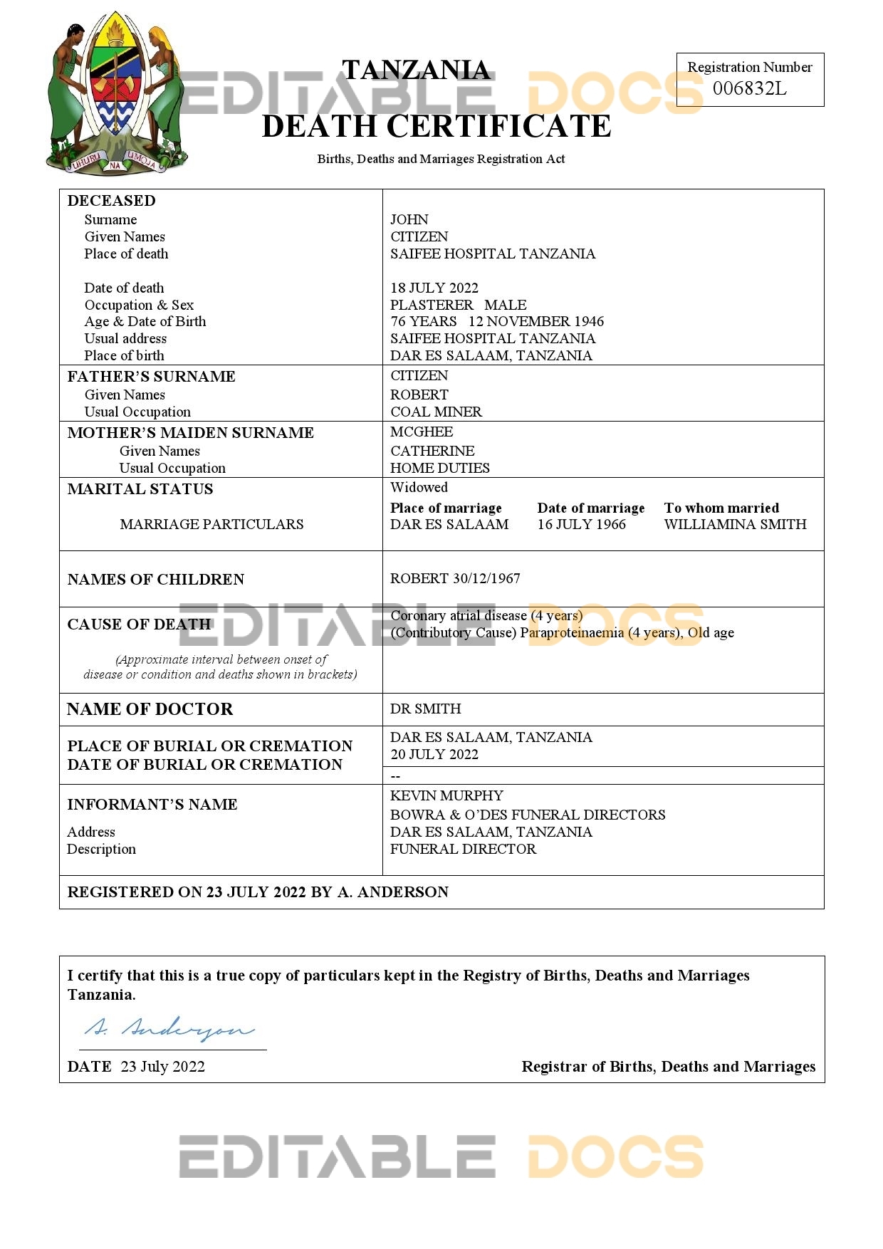 Fillable Tanzania Death PDF Templates | Blank Docs