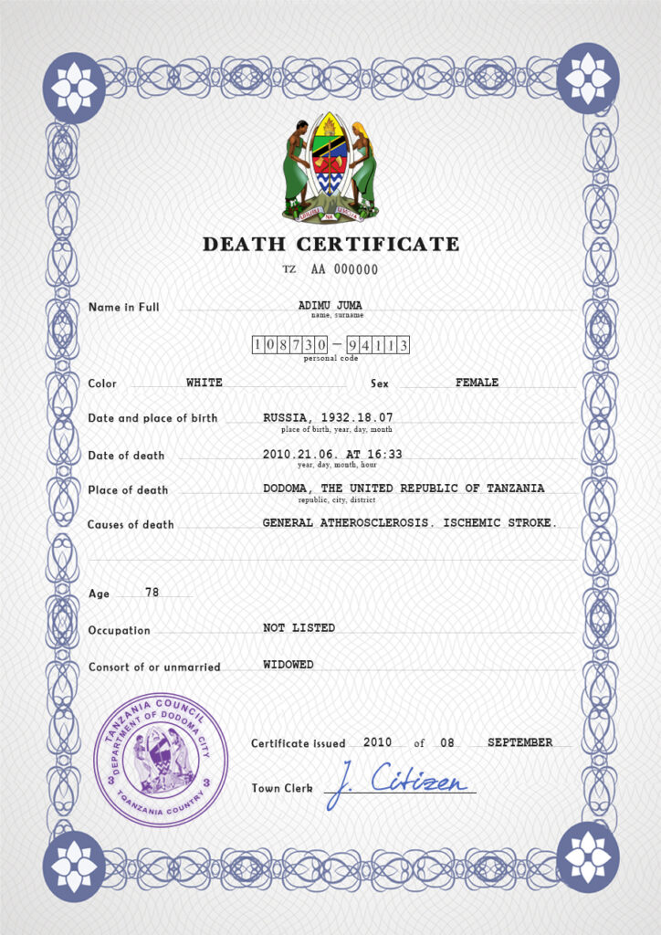 Tanzania vital record death certificate PSD template, fully editable