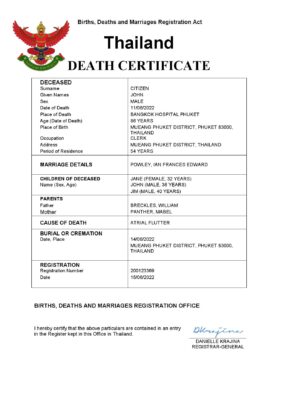Thailand death certificate Word and PDF template, completely editable
