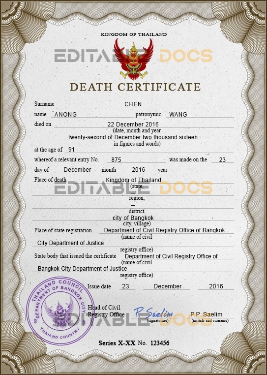 Thailand death certificate PSD template, completely editable