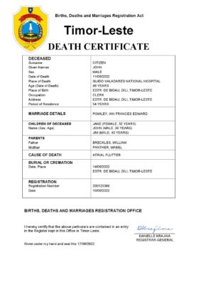 Timor-Leste vital record death certificate Word and PDF template