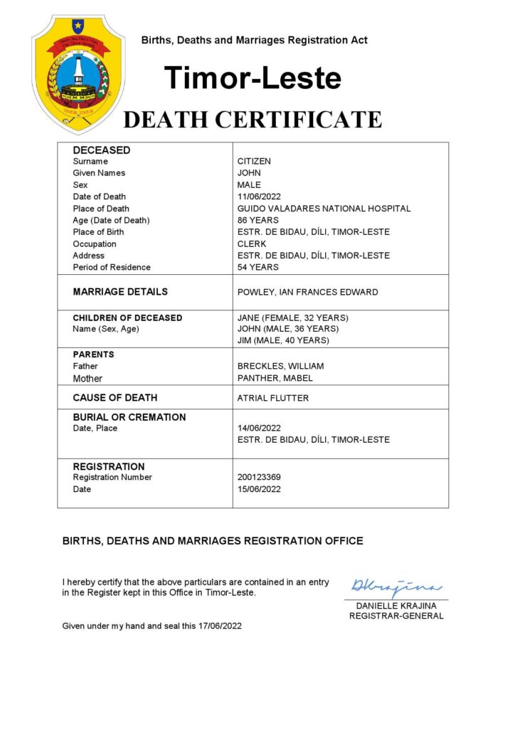 Timor-Leste vital record death certificate Word and PDF template