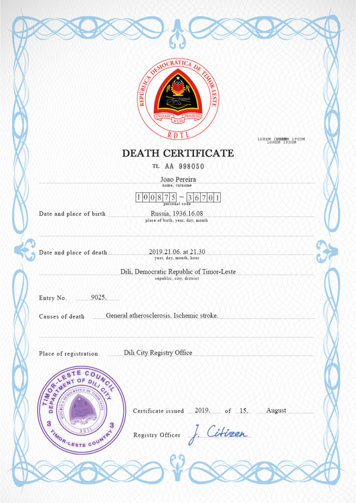 Timor-Leste vital record death certificate PSD template