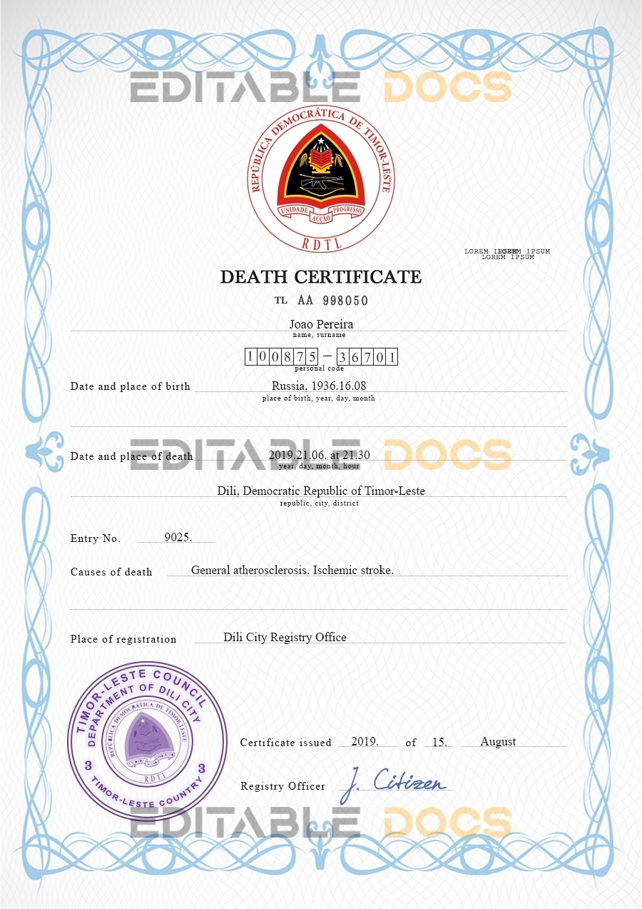 Customizable Timor-Leste Death Certificate PSD Templates | Instant Download