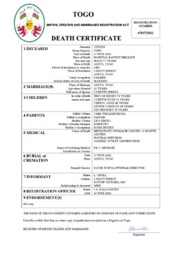 Togo vital record death certificate Word and PDF template