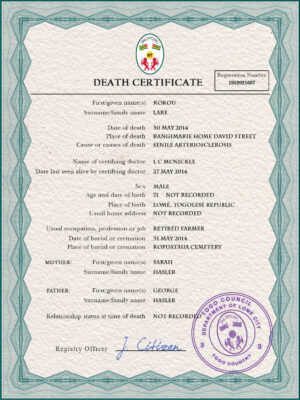 Togo death certificate PSD template, completely editable