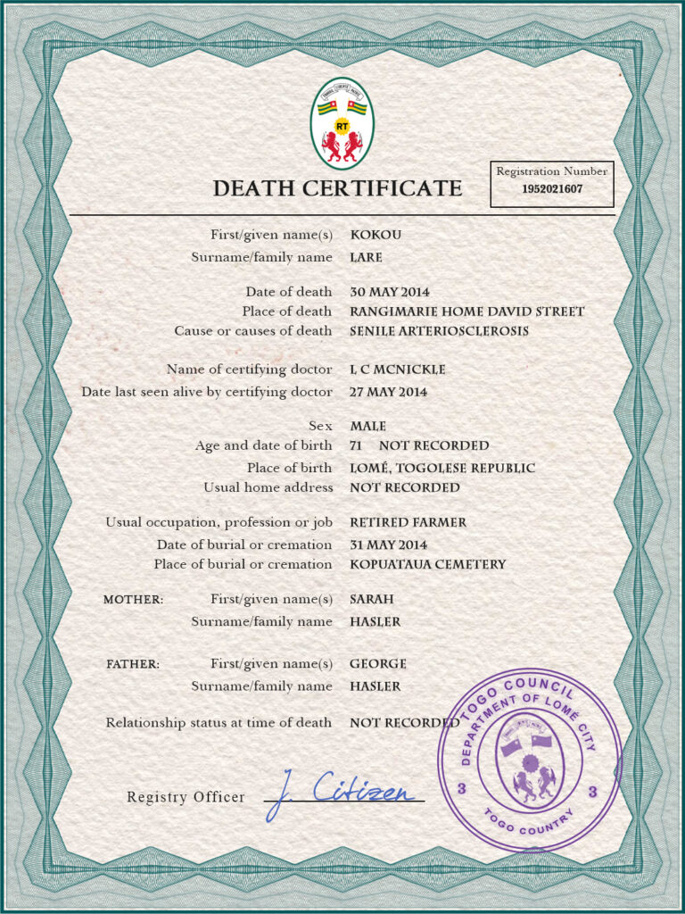 Togo death certificate PSD template, completely editable