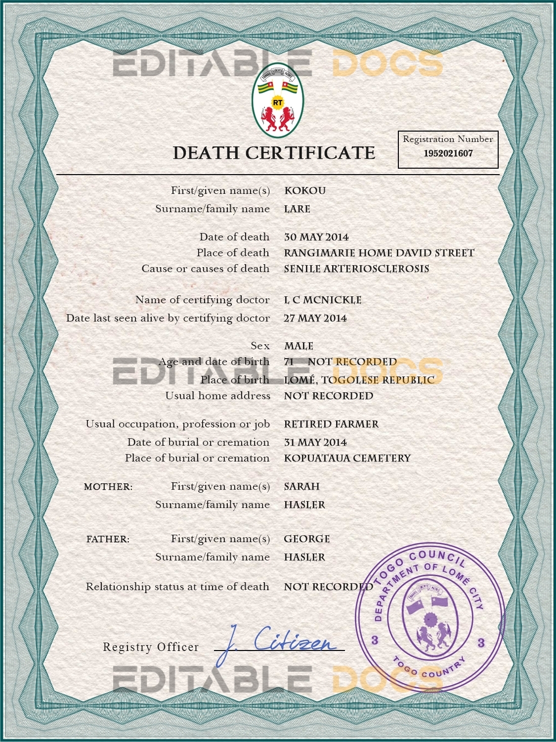 Customizable Togo Death Certificate PSD Templates | Instant Download