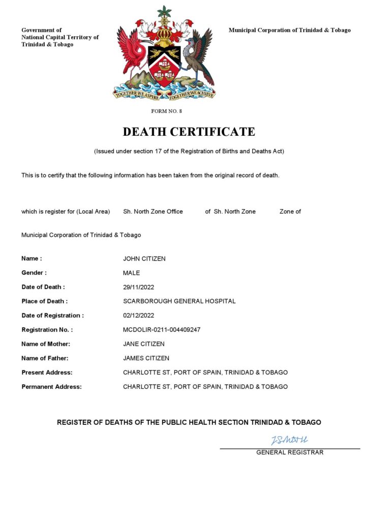 Trinidad and Tobago death certificate Word and PDF template, completely editable