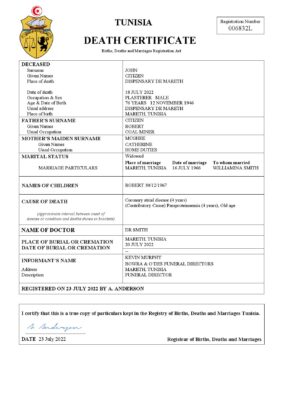Tunisia vital record death certificate Word and PDF template