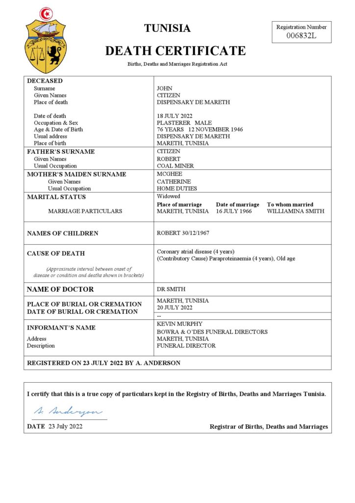 Tunisia vital record death certificate Word and PDF template