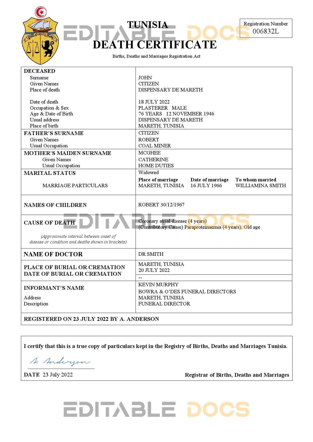Fillable Tunisia Death PDF Templates | Blank Docs