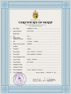 Tunisia vital record death certificate PSD template, fully editable
