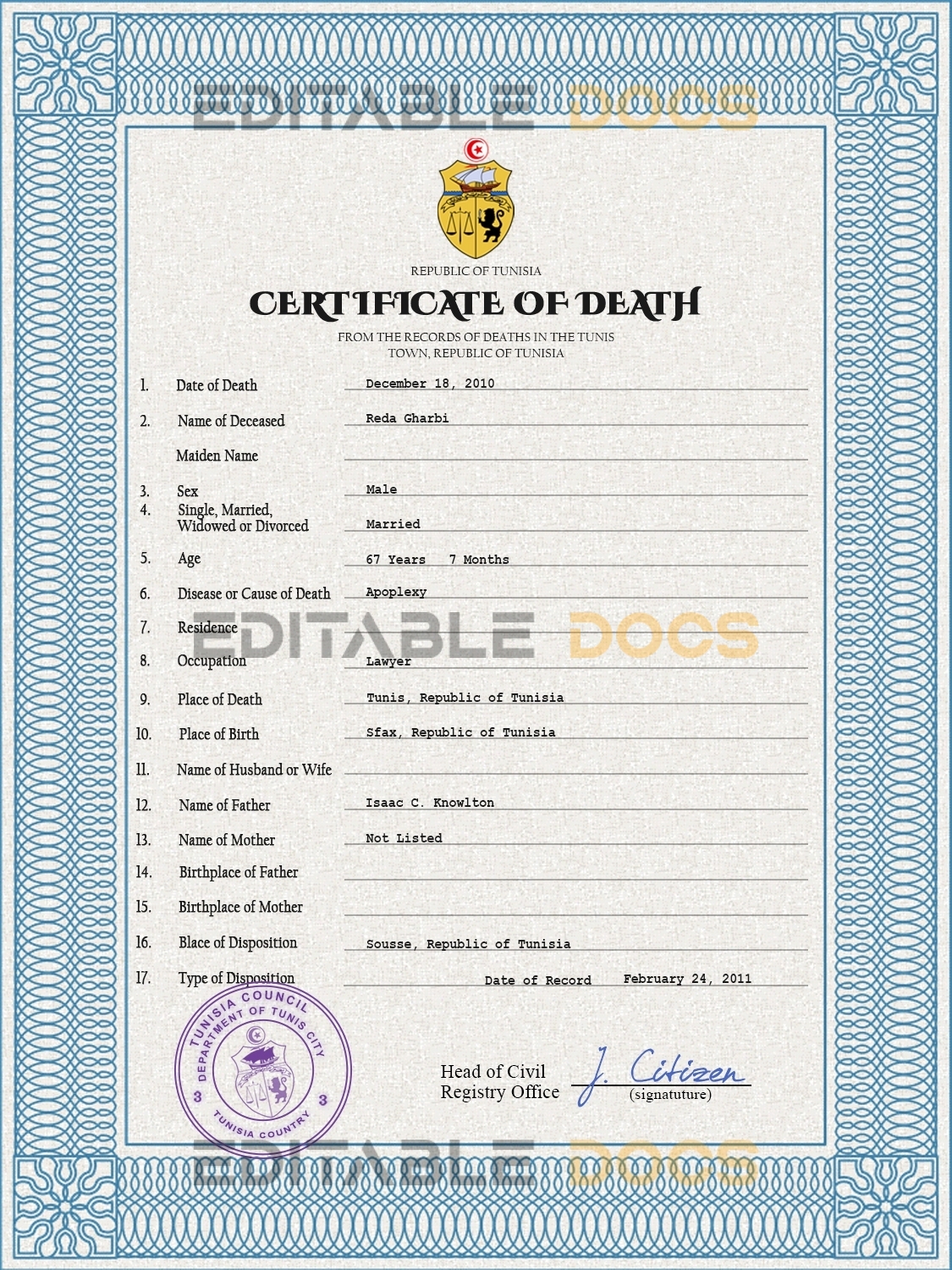 Customizable Tunisia Death Certificate PSD Templates | Instant Download
