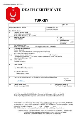 Turkey vital record death certificate Word and PDF template