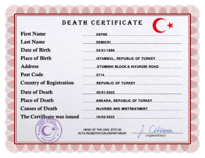 Turkey death certificate PSD template, completely editable