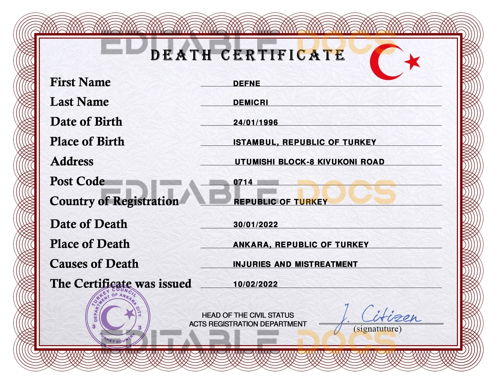 Customizable Turkey Death Certificate PSD Templates | Instant Download