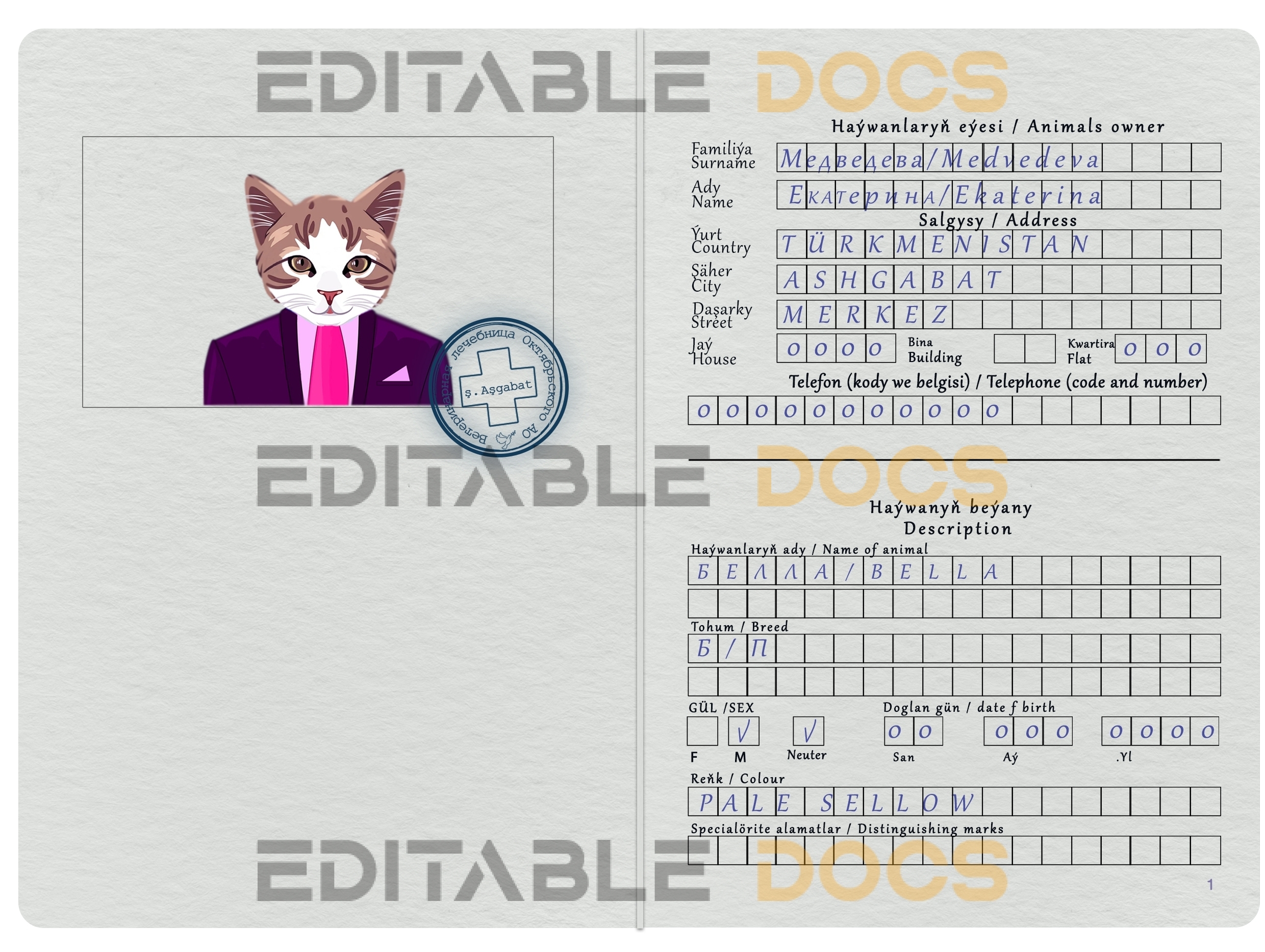 Turkmenistan cat Fake PSD Passport | Instant Download
