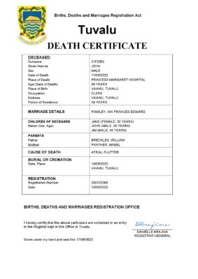 Tuvalu vital record death certificate Word and PDF template
