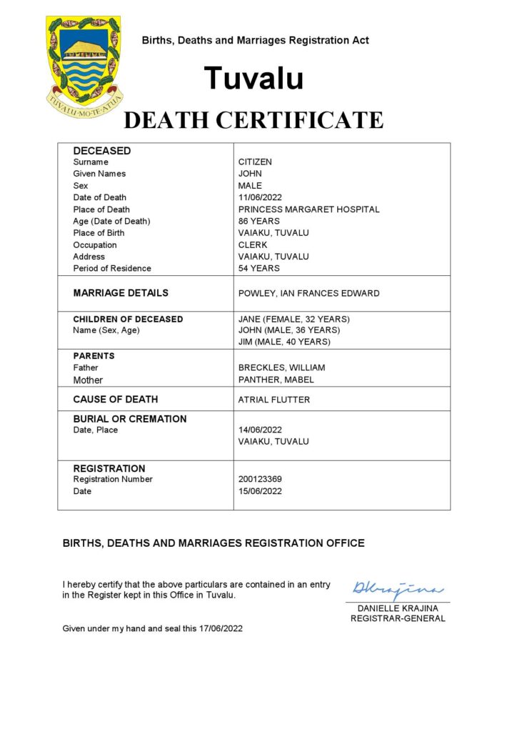 Tuvalu vital record death certificate Word and PDF template