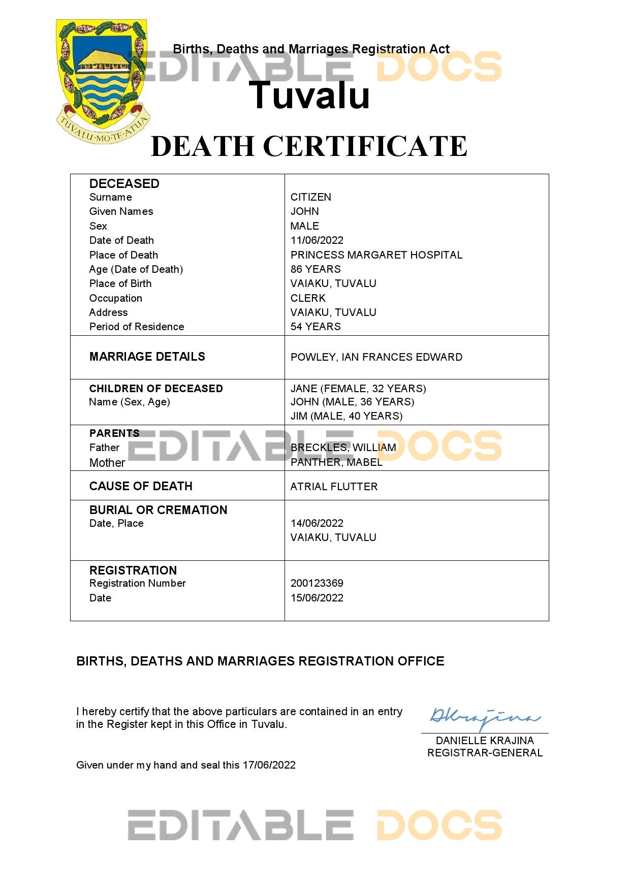 Fillable Tuvalu Death PDF Templates | Blank Docs