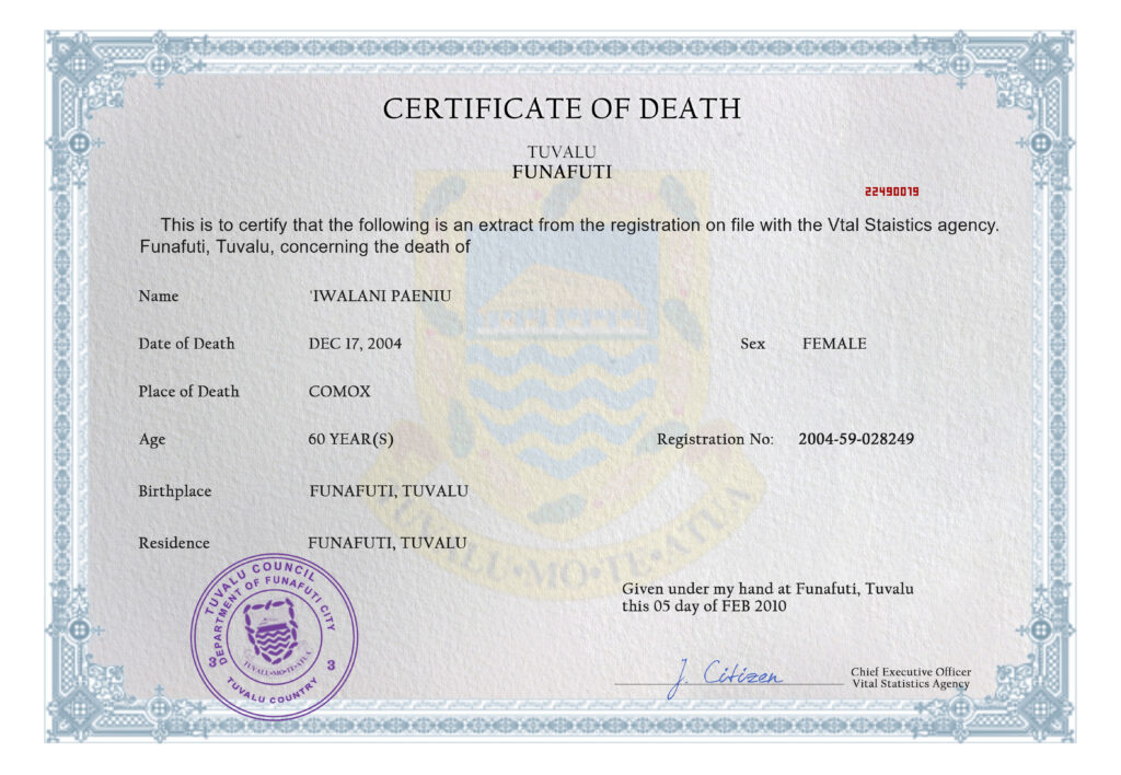 Tuvalu vital record death certificate PSD template, completely editable