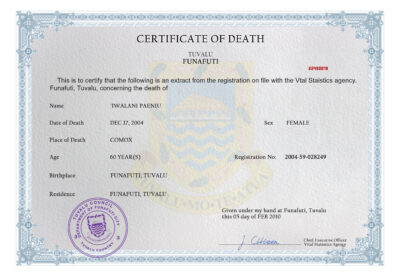 Tuvalu vital record death certificate PSD template, completely editable