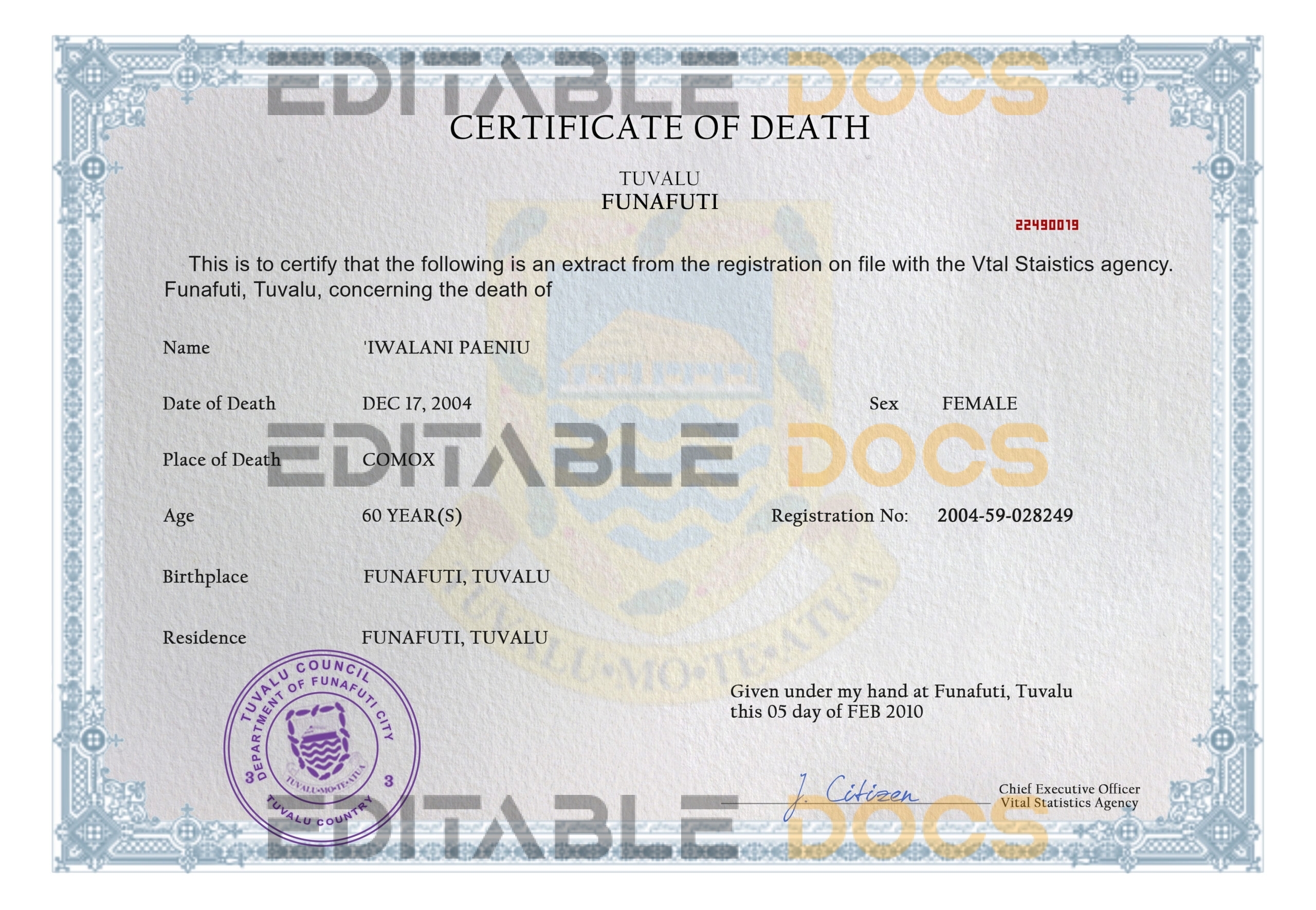 Customizable Tuvalu Death Certificate PSD Templates | Instant Download