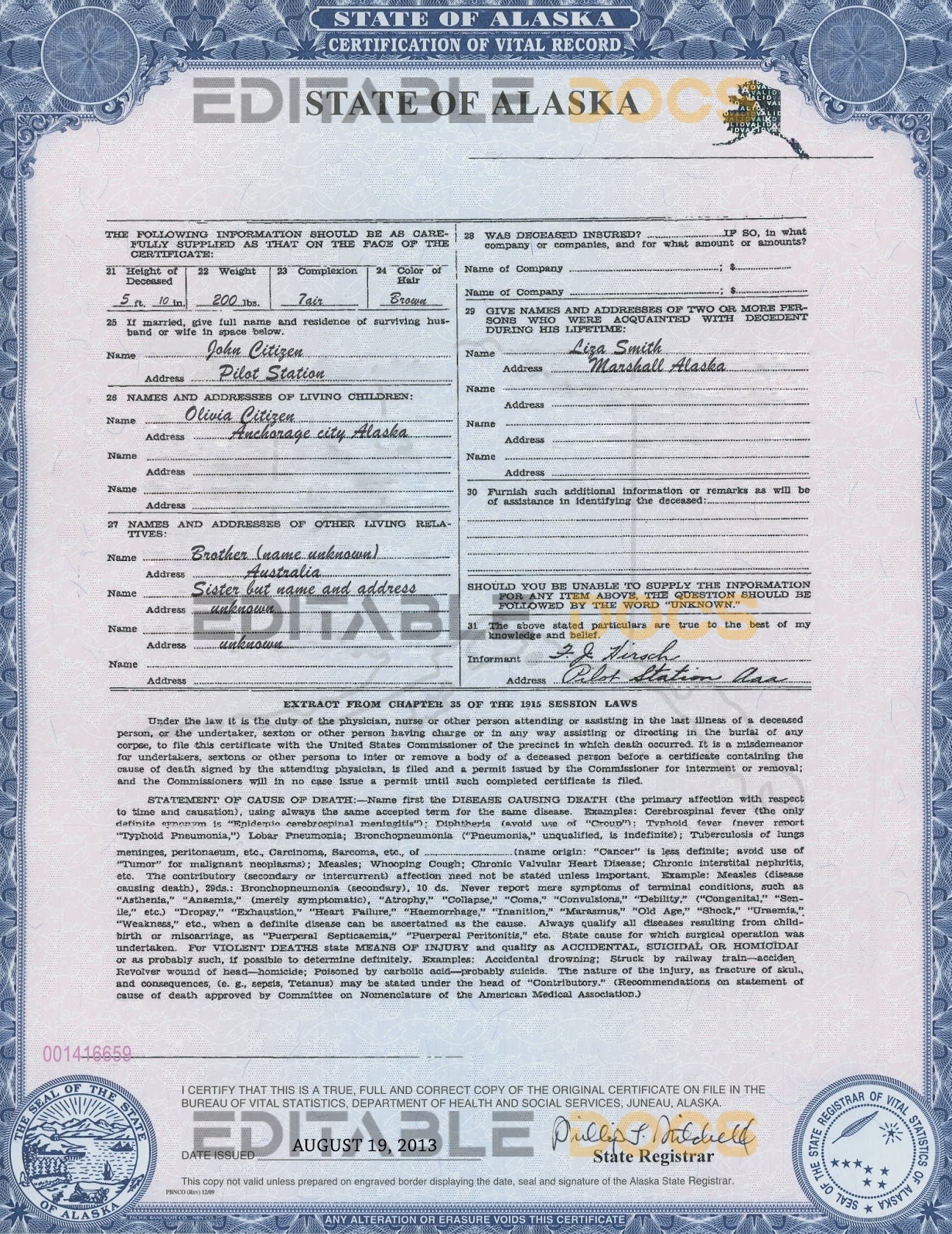 Authentic USA Alaska Birth Certificate Template | Customize and Download Online