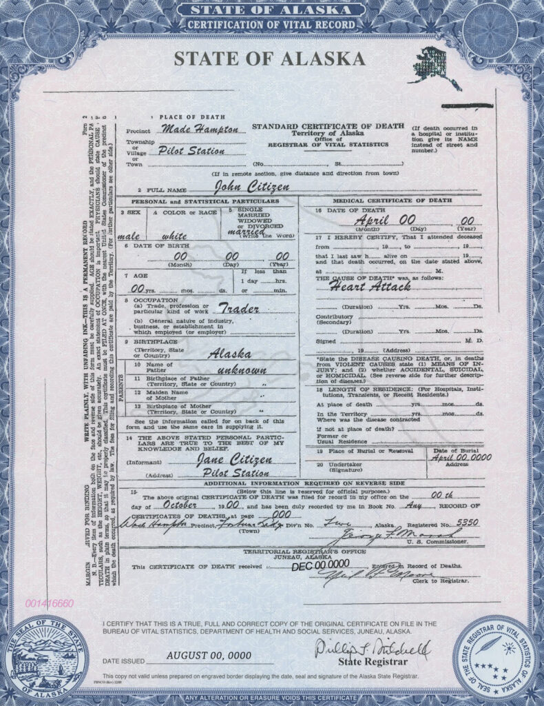 USA Alaska state death certificate template in PSD format, fully editable