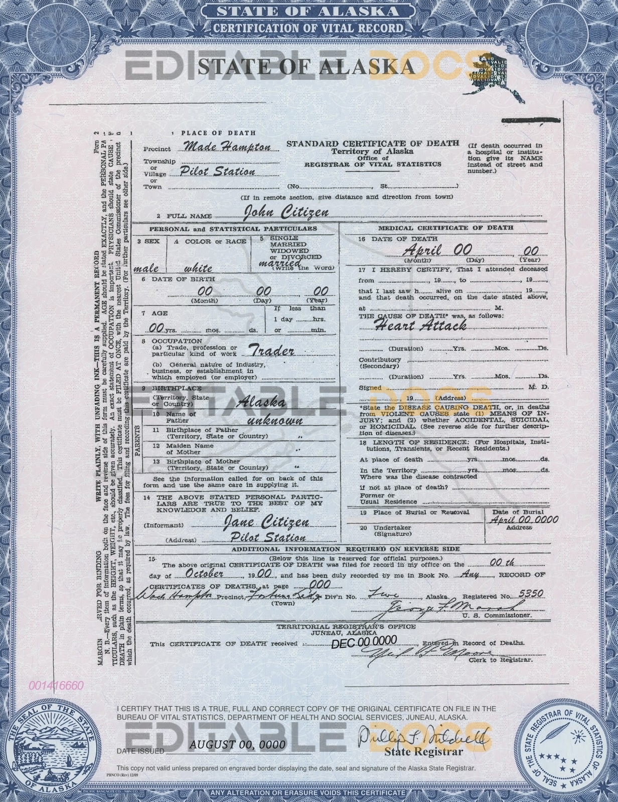 Customizable USA Alaska state Death Certificate PSD Templates | Instant Download
