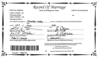 USA Arizona Marriage Certificate Editable PSD Templates