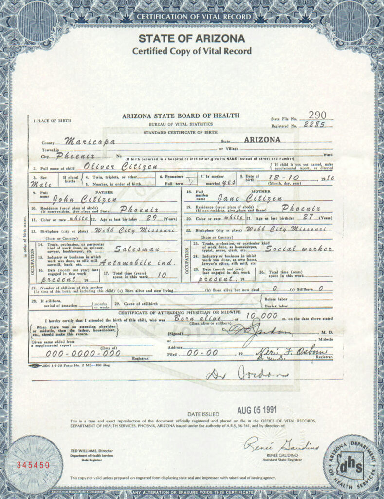Authentic USA Arizona Birth Certificate Template | Customize and Download Online