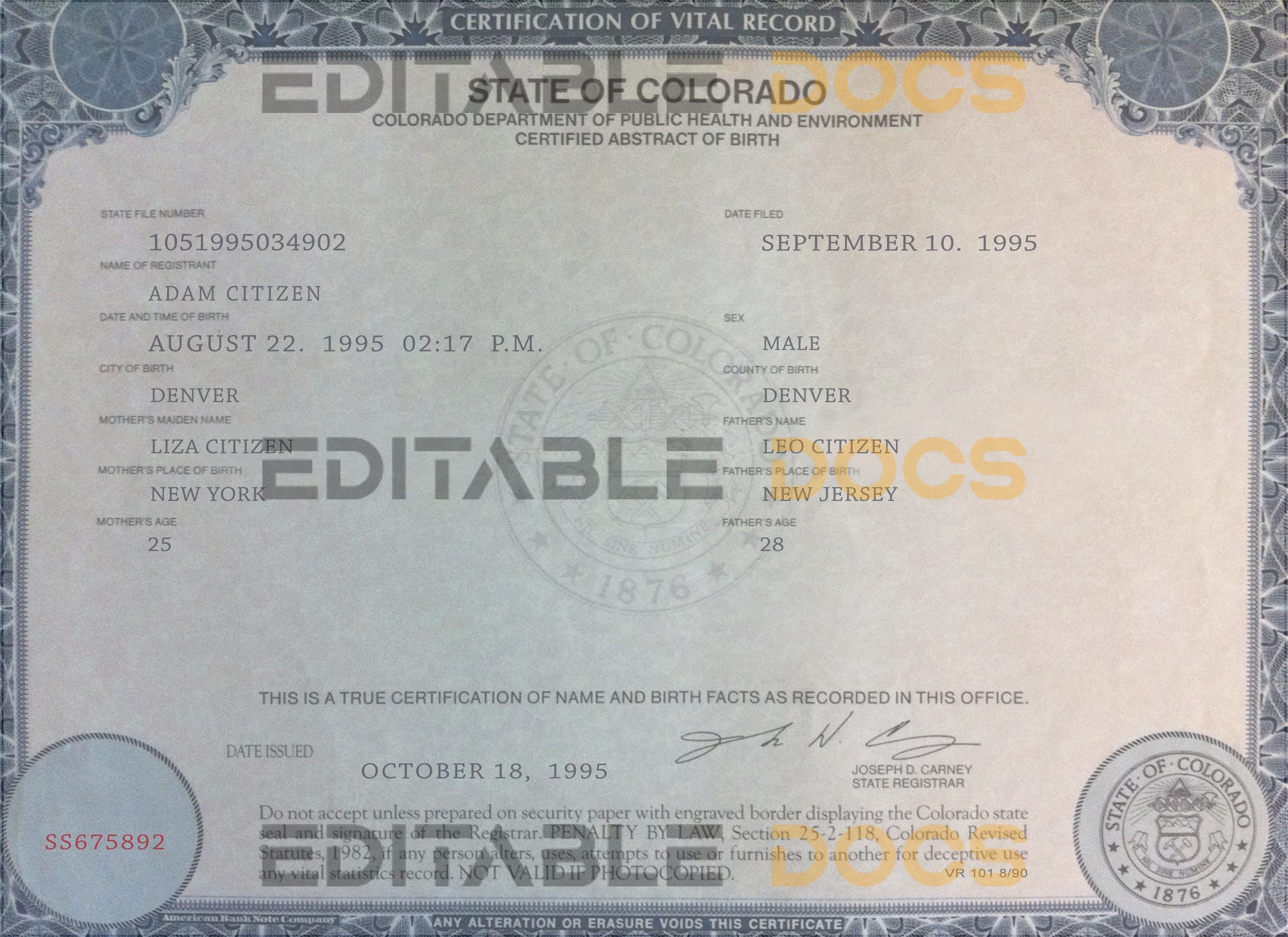 Authentic Colorado Birth Certificate Template | Customize and Download Online