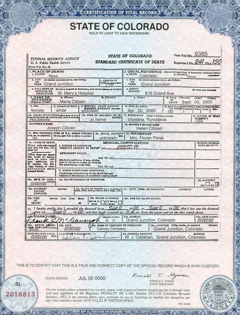 USA Colorado state death certificate template in PSD format, fully editable