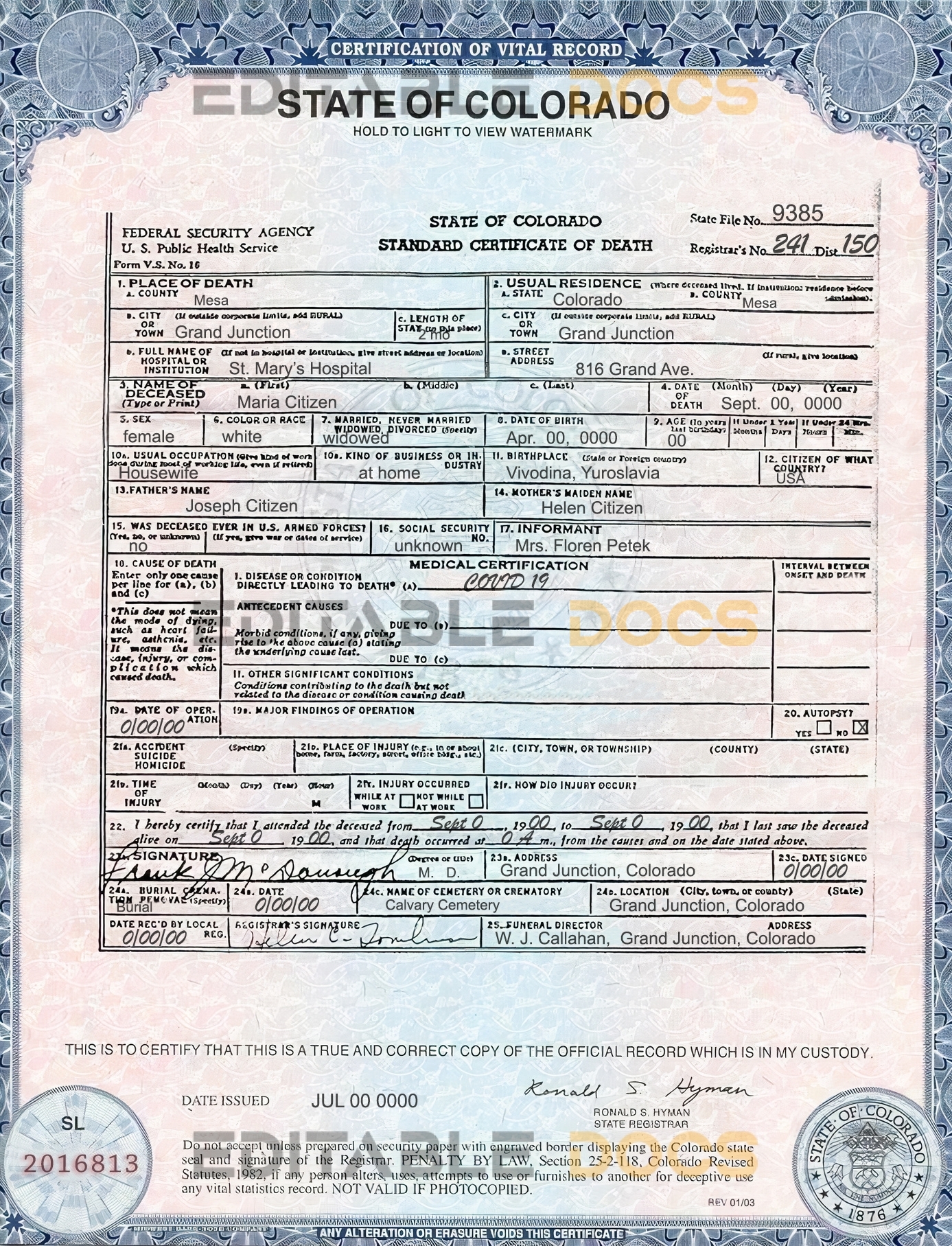 Customizable USA Colorado state Death Certificate PSD Templates | Instant Download