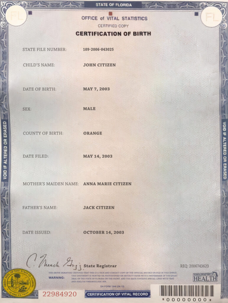 Authentic USA Florida Birth Certificate Template | Customize and Download Online