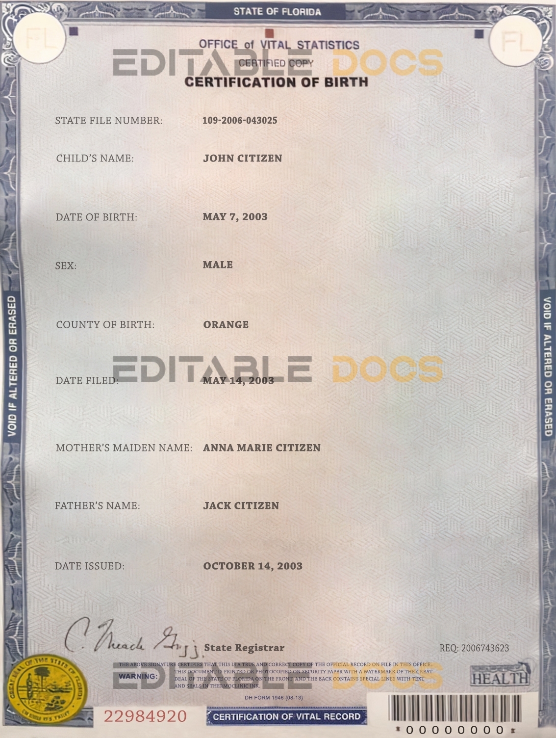 Authentic USA Florida Birth Certificate Template | Customize and Download Online