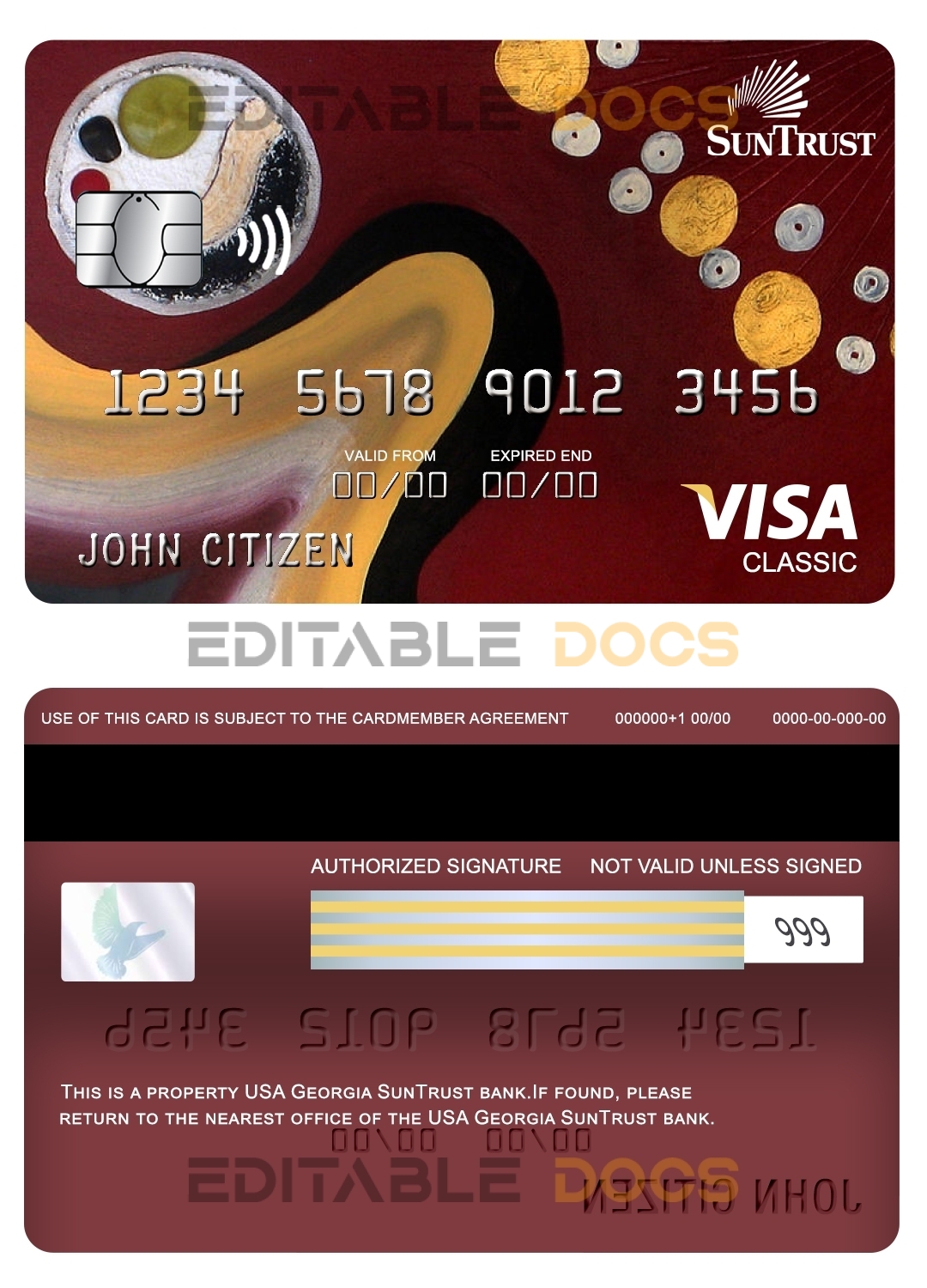 Editable USA Georgia SunTrust bank visa classic card Templates in PSD Format