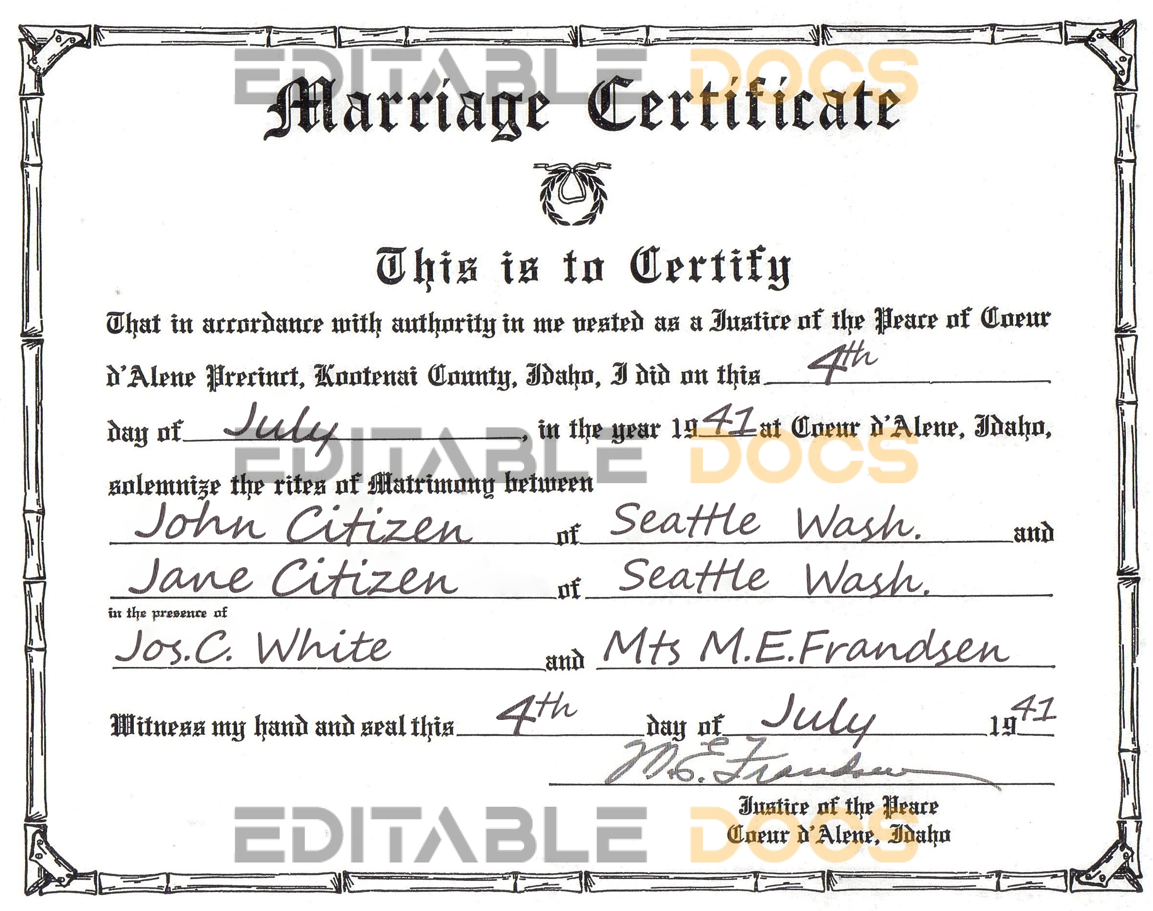 USA Idaho Marriage Certificate | Editable PSD Templates
