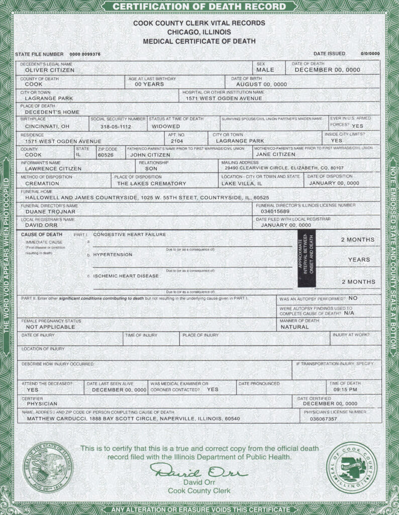 USA Illinois state death certificate template in PSD format, fully editable