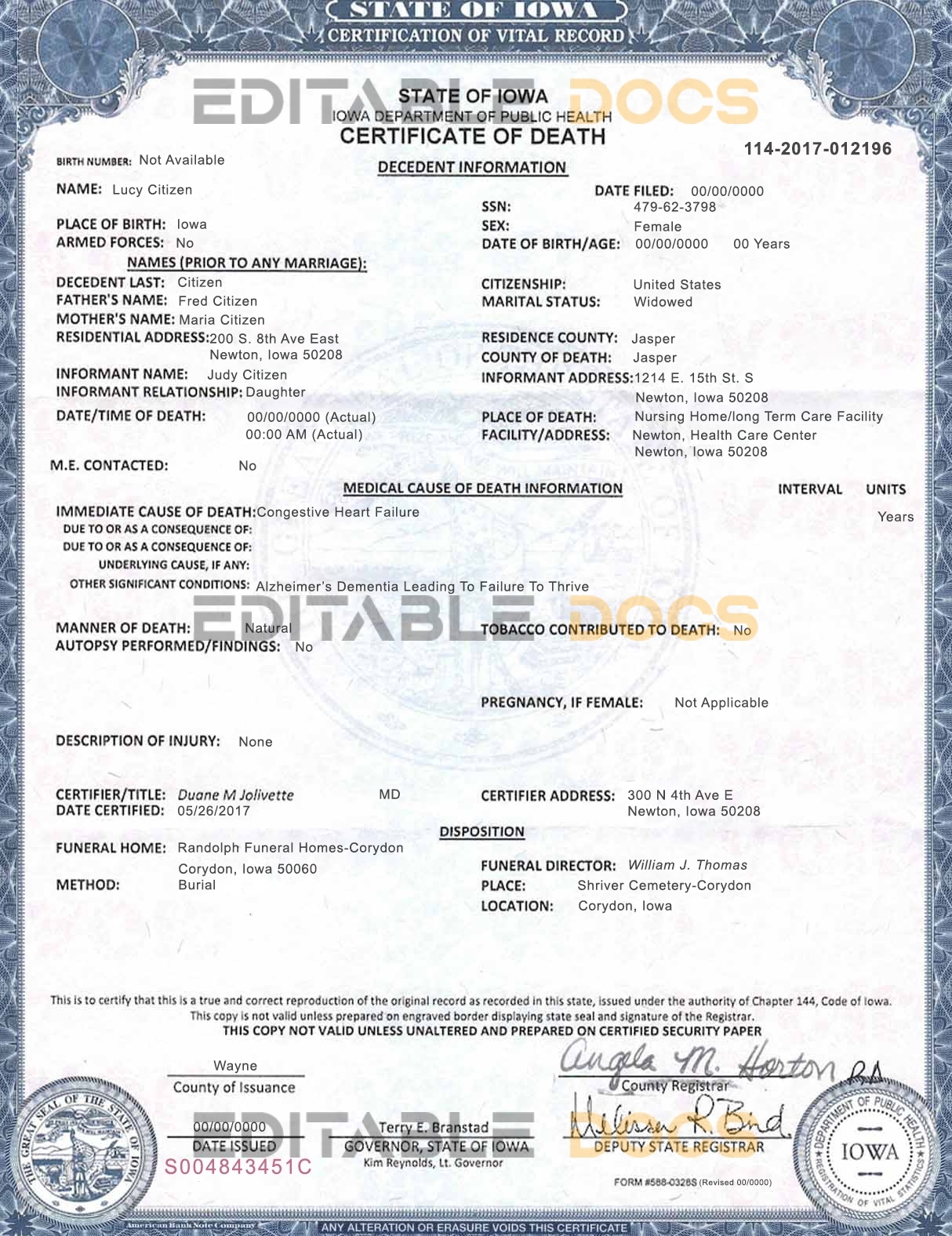 Customizable USA Iowa state Death Certificate PSD Templates | Instant Download