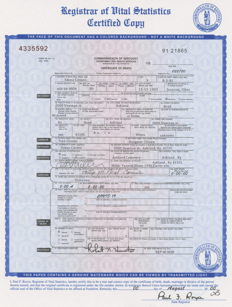 USA Kentucky state death certificate template in PSD format, fully editable