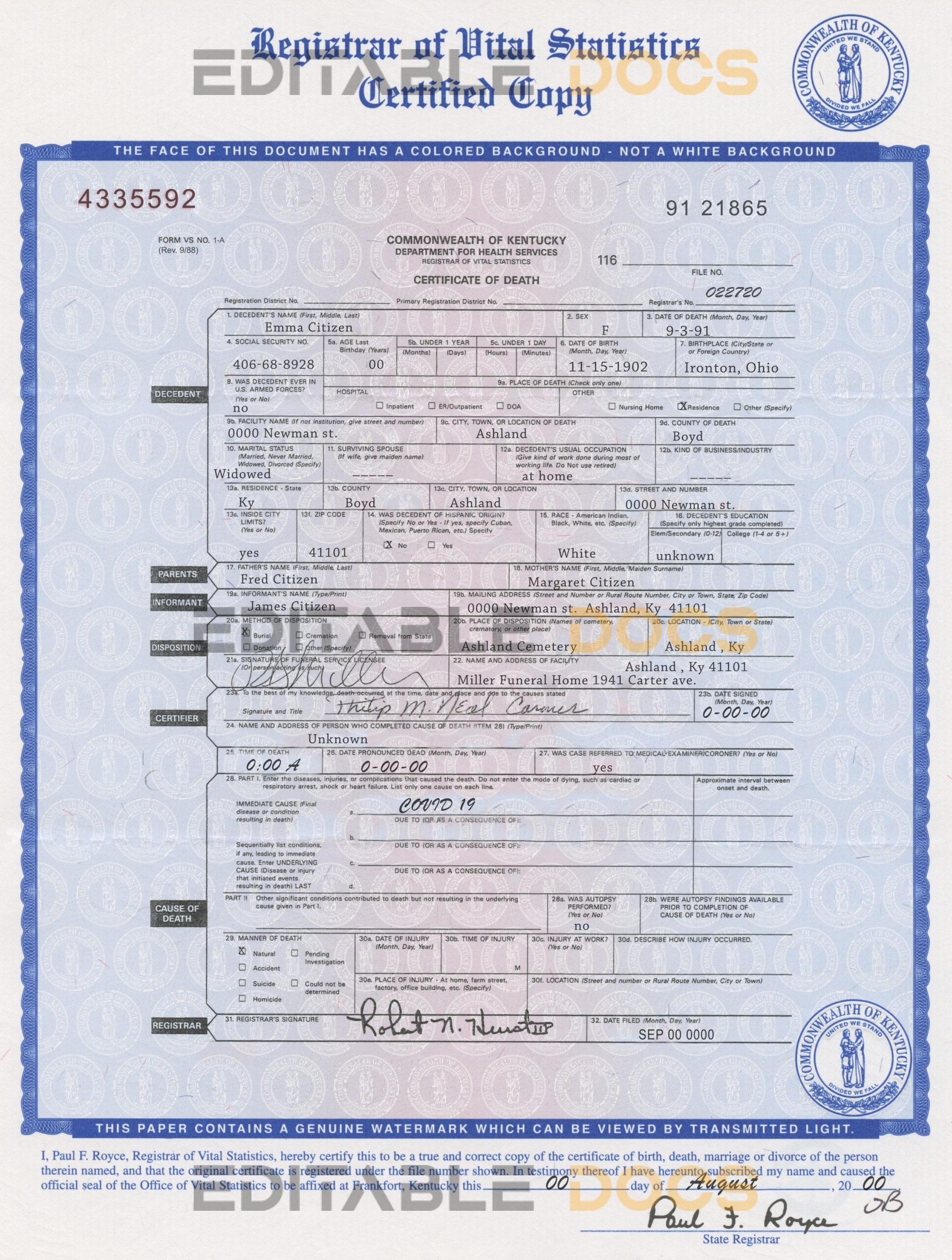 Customizable Kentucky state Death Certificate PSD Templates | Instant Download