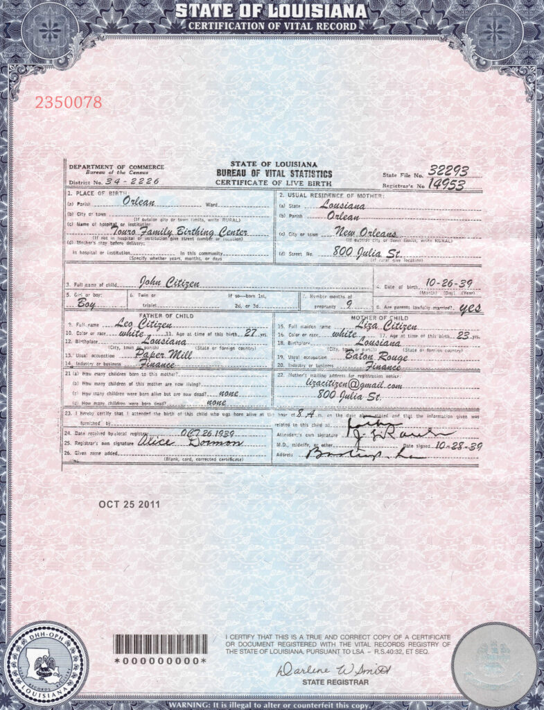Authentic USA Louisiana Birth Certificate Template | Customize and Download Online