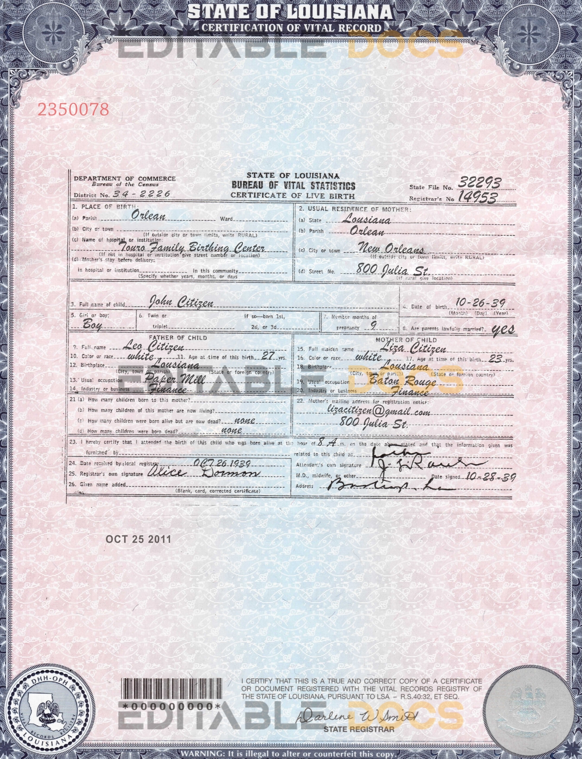 Authentic USA Louisiana Birth Certificate Template | Customize and Download Online